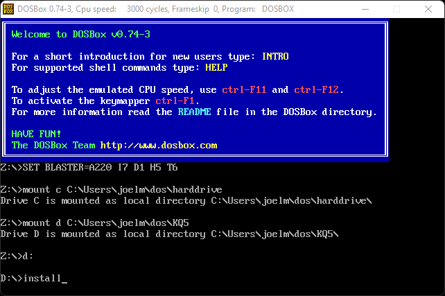 Running the above commands in dosbox