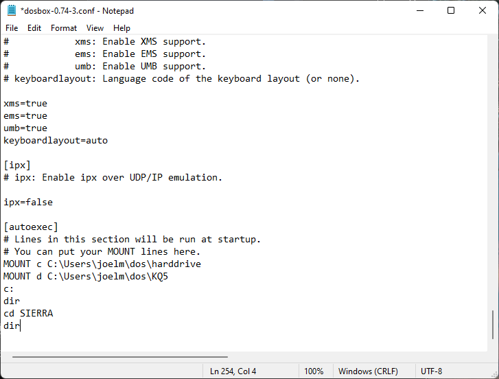 Dosbox config after edit