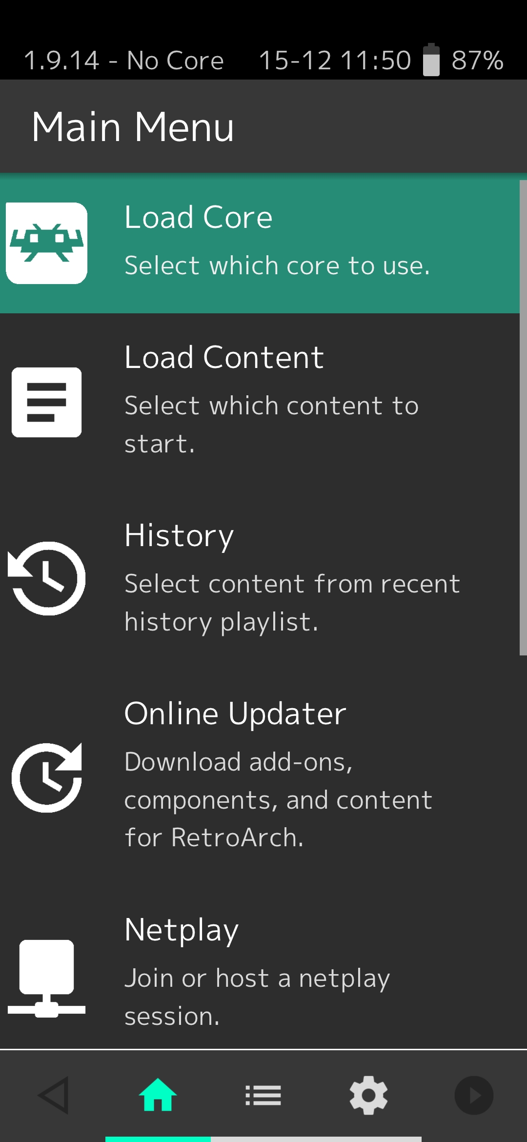 RetroArch main menu after opening app