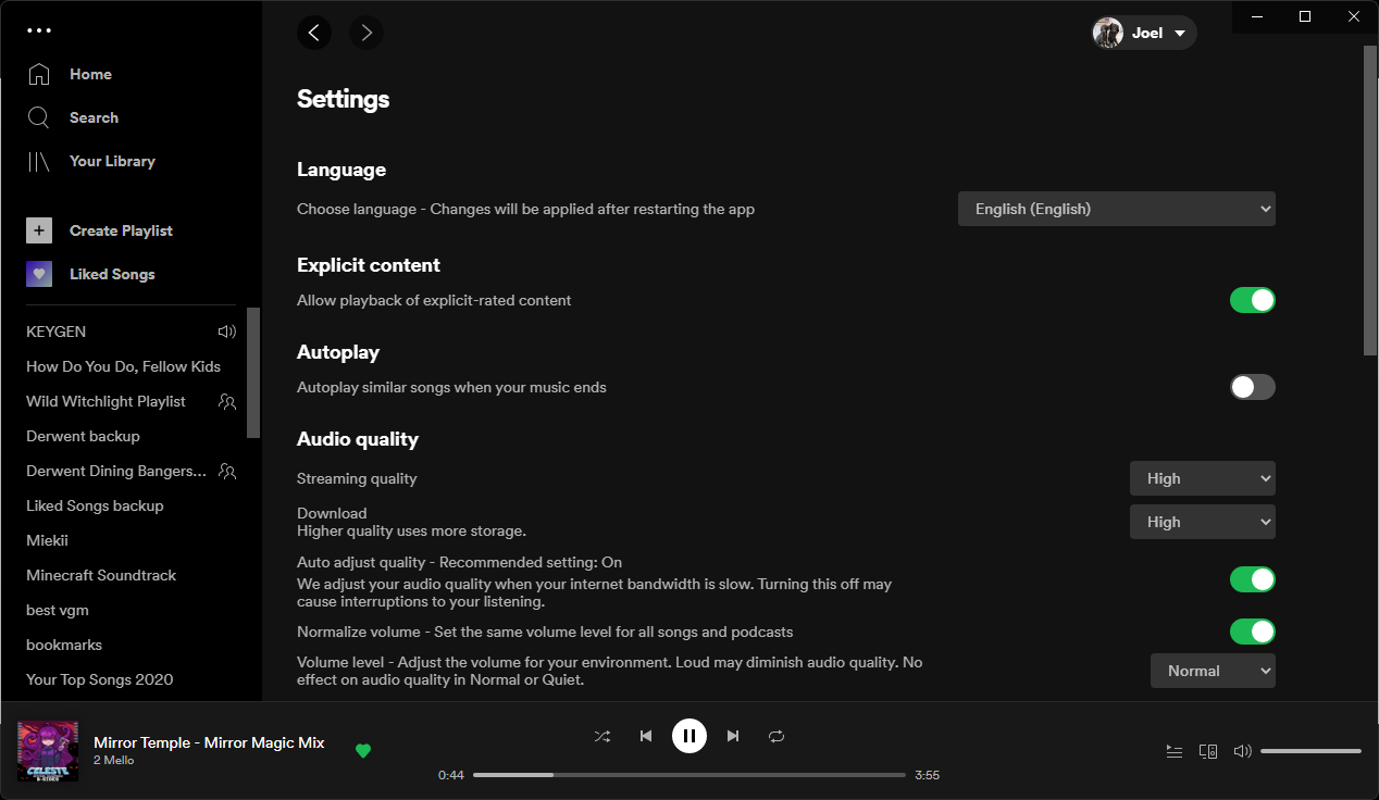 Settings menu immediately after opening